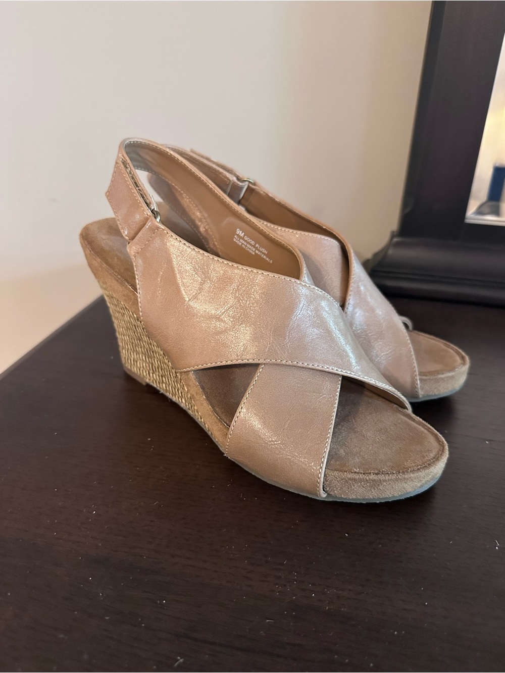 Taupe Crossband Wedge Sandals - Women
